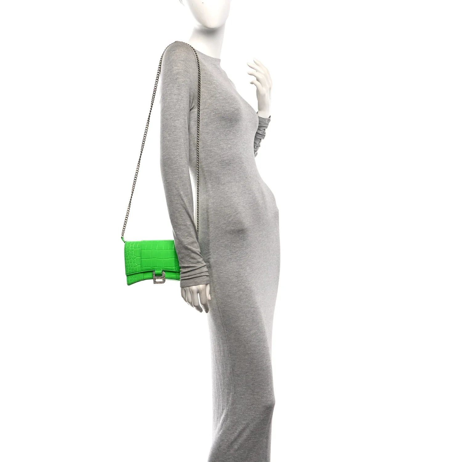 Balenciaga Shiny Calfskin Strass Crocodile Embossed Hourglass Chain Bag Fluo Green - Image 2