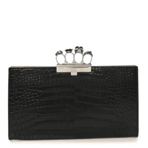Alexander McQueen Calfskin Crocodile Embossed Knuckle Flat Clutch Black