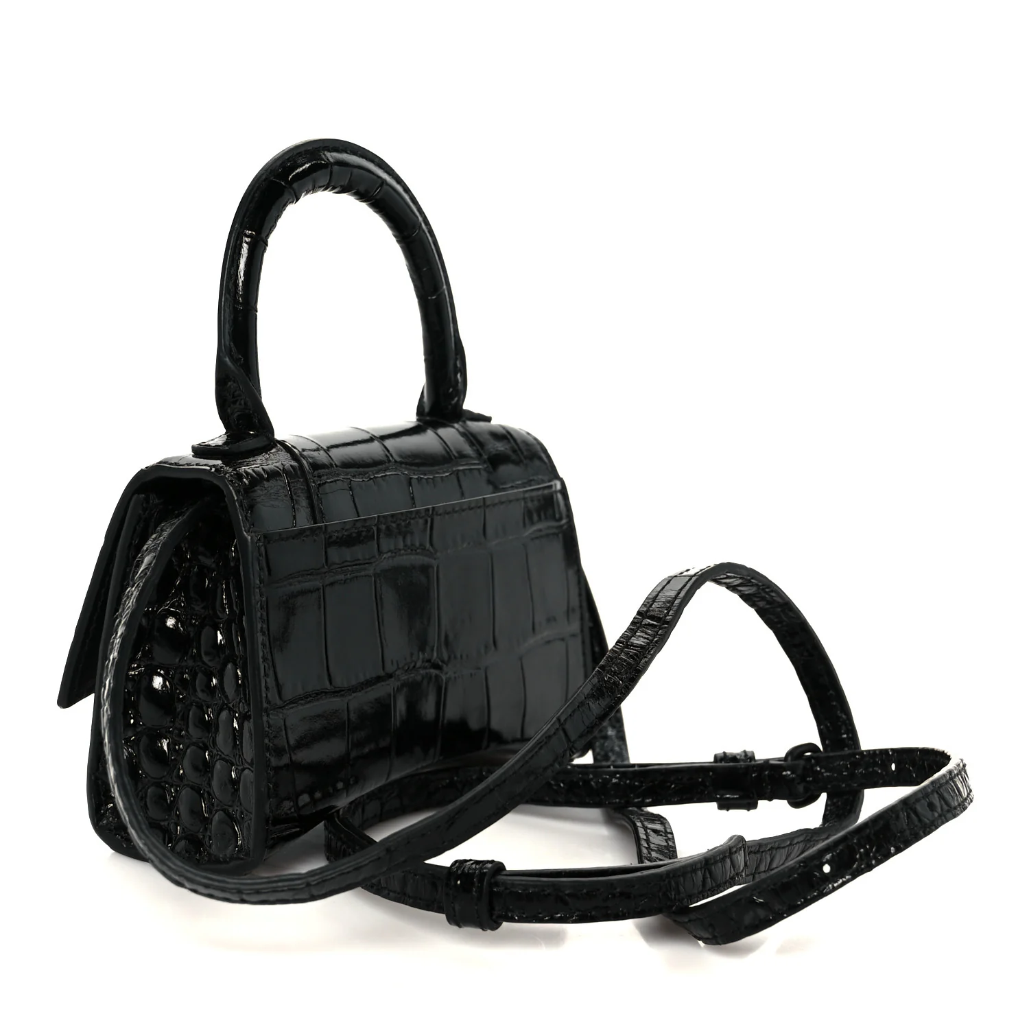 Balenciaga Shiny Calfskin Monochrome Crocodile Embossed Hourglass Top Handle Bag Mini Black - Image 3