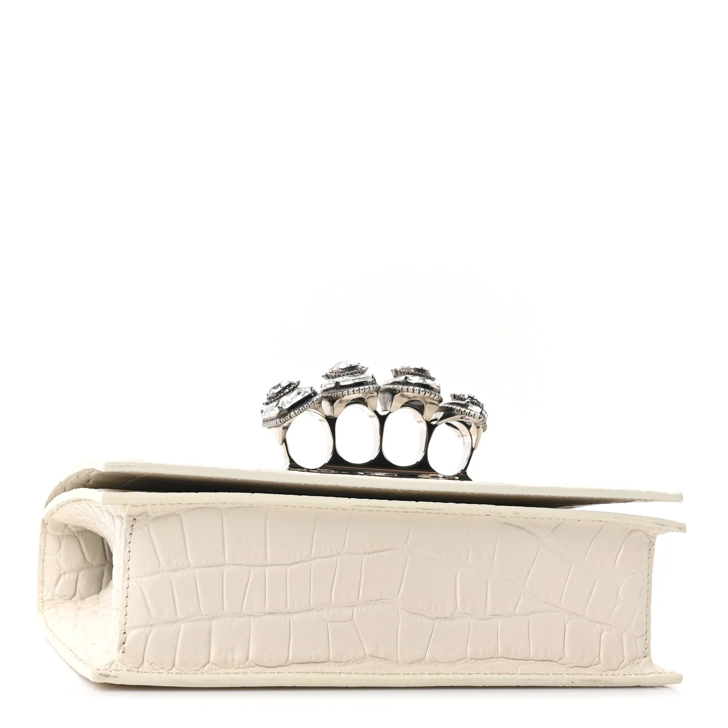Alexander McQueen Shiny Calfskin Crocodile Embossed Knuckle Jeweled Crossbody White - Image 4