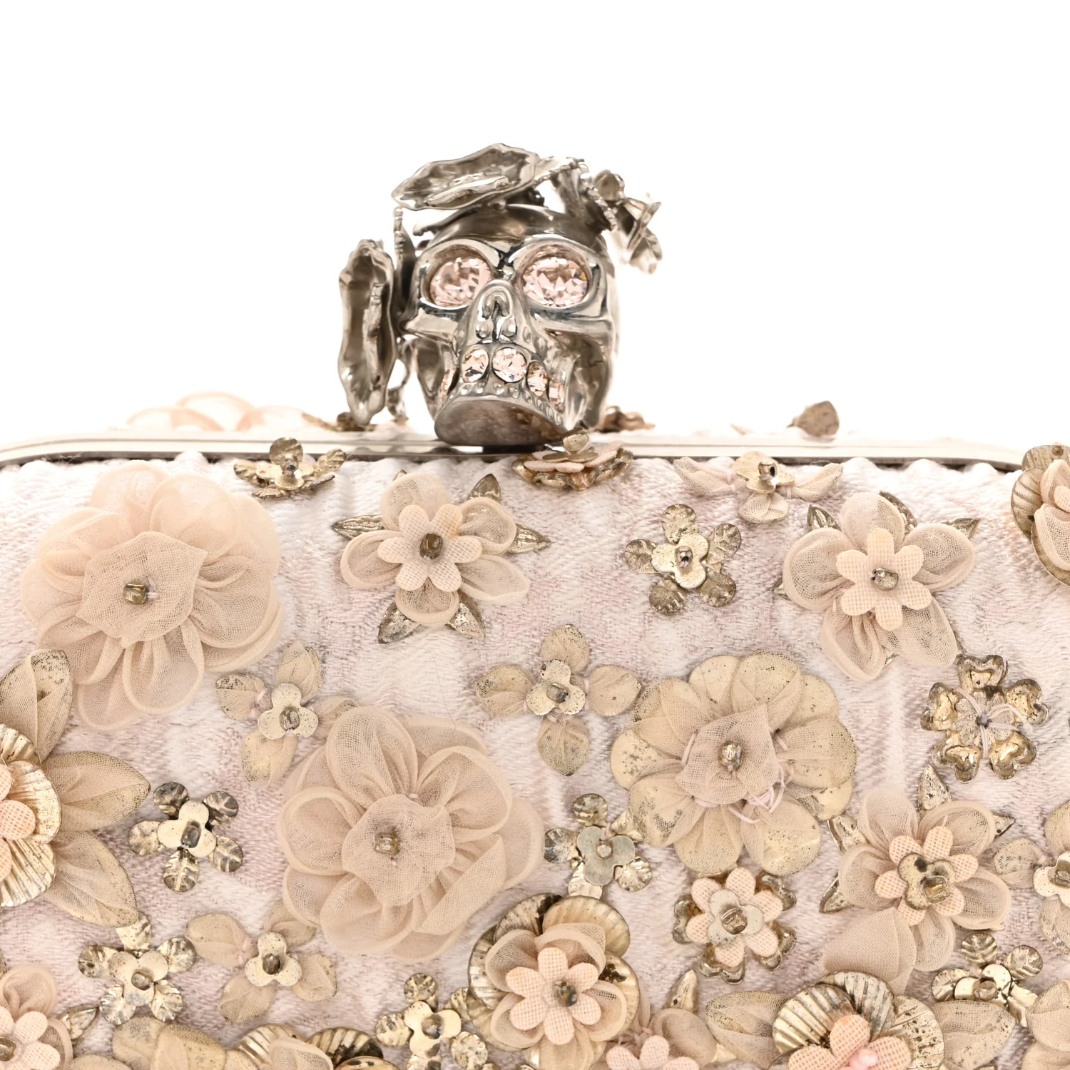 Alexander McQueen Flower Appliqued Silk Brocade Skull Box Clutch Light Pink - Image 4