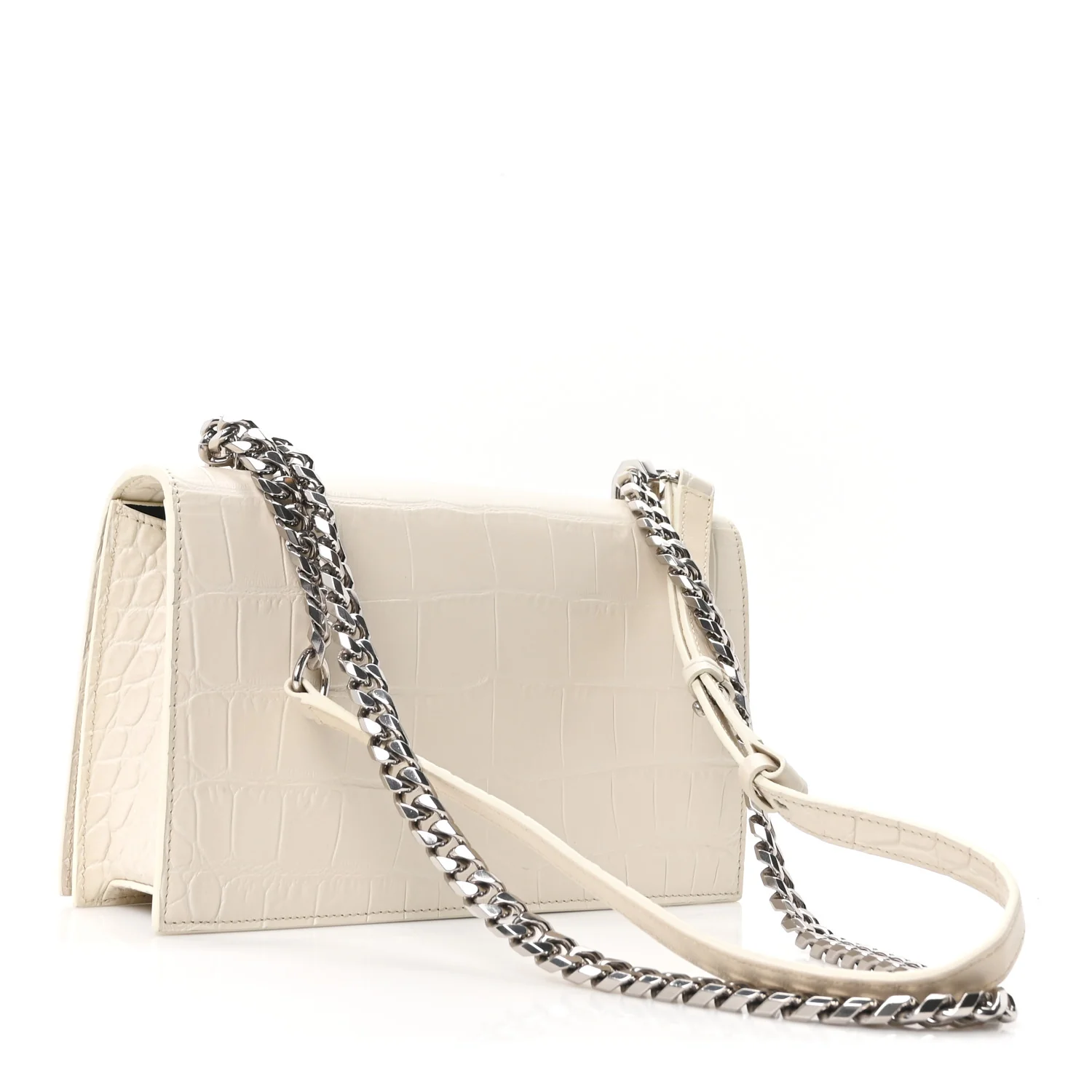 Alexander McQueen Shiny Calfskin Crocodile Embossed Knuckle Jeweled Crossbody White - Image 3