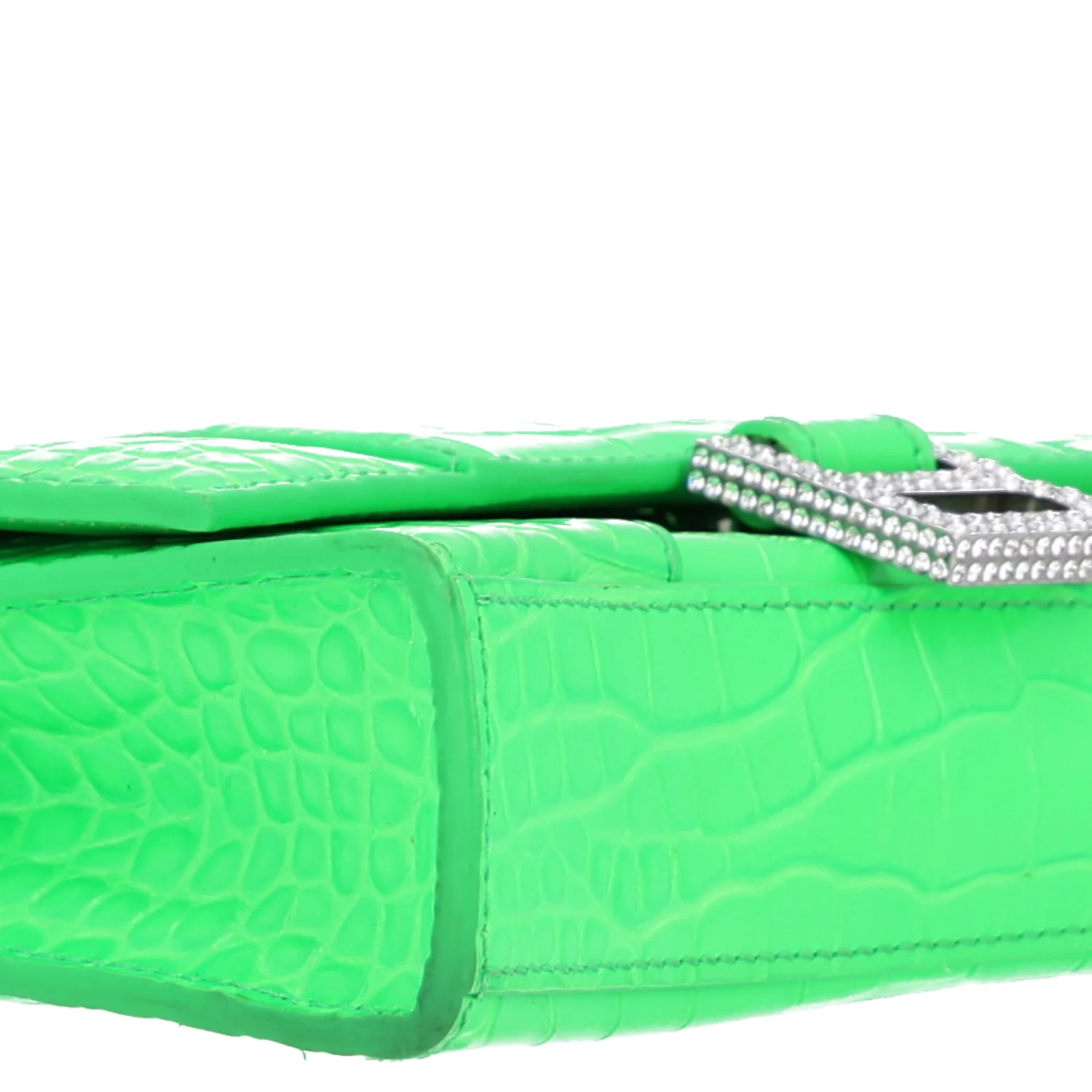 Balenciaga Shiny Calfskin Strass Crocodile Embossed Hourglass Chain Bag Fluo Green - Image 9