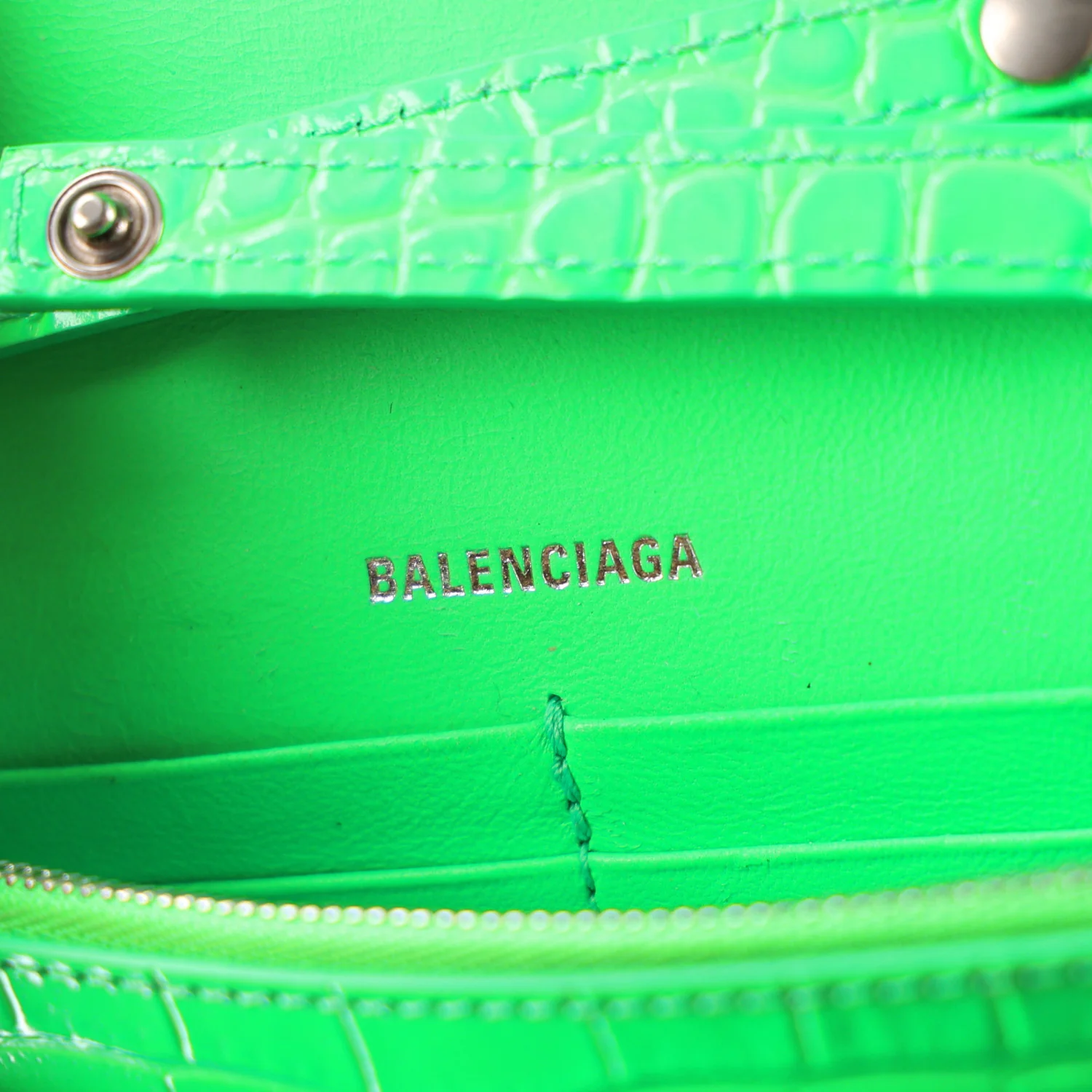 Balenciaga Shiny Calfskin Strass Crocodile Embossed Hourglass Chain Bag Fluo Green - Image 6