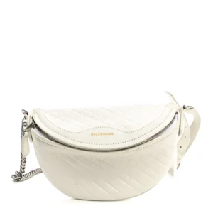 Balenciaga Shiny Goatskin Allover Logo Embossed XXS Souvenir Belt Bag White
