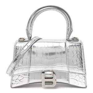 Balenciaga Metallic Calfskin Crocodile Embossed Crystal Hourglass Top Handle Bag XS Silver