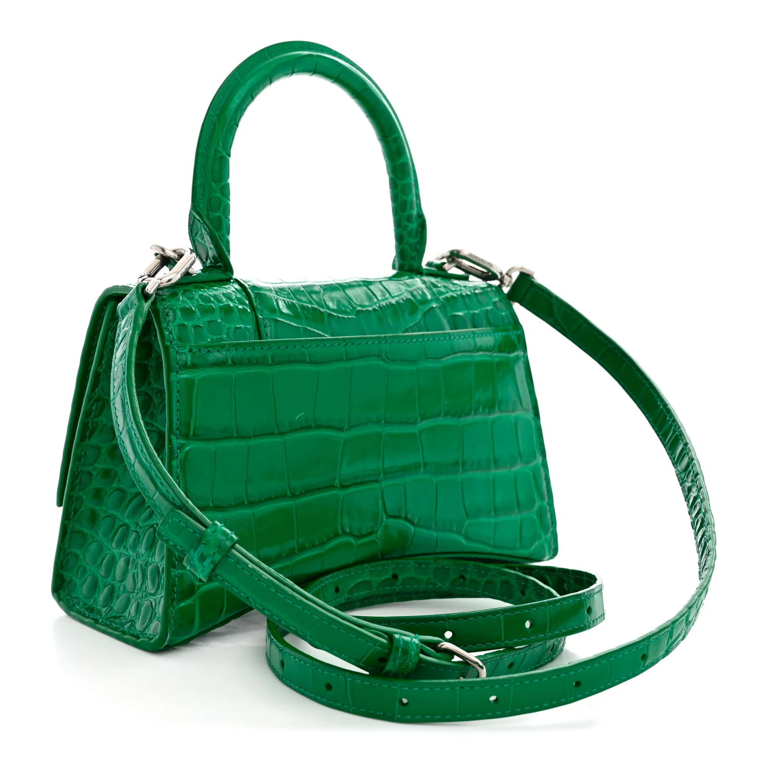 Balenciaga Shiny Calfskin Crocodile Embossed Hourglass Top Handle Bag XS Jade - Image 3