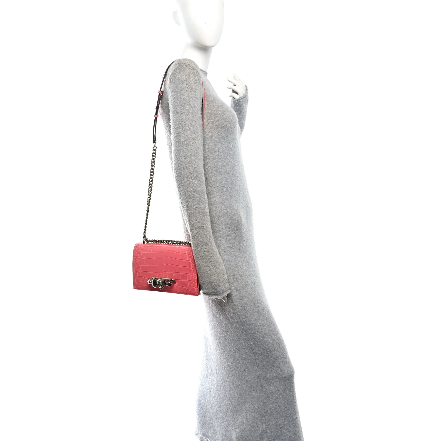 Alexander McQueen Shiny Crocodile Embossed Jeweled Satchel Pink - Image 2