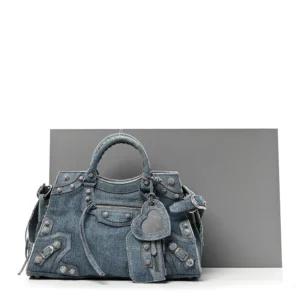 Balenciaga Washed Frayed Denim Crystal Neo Cagole City Handbag Blue