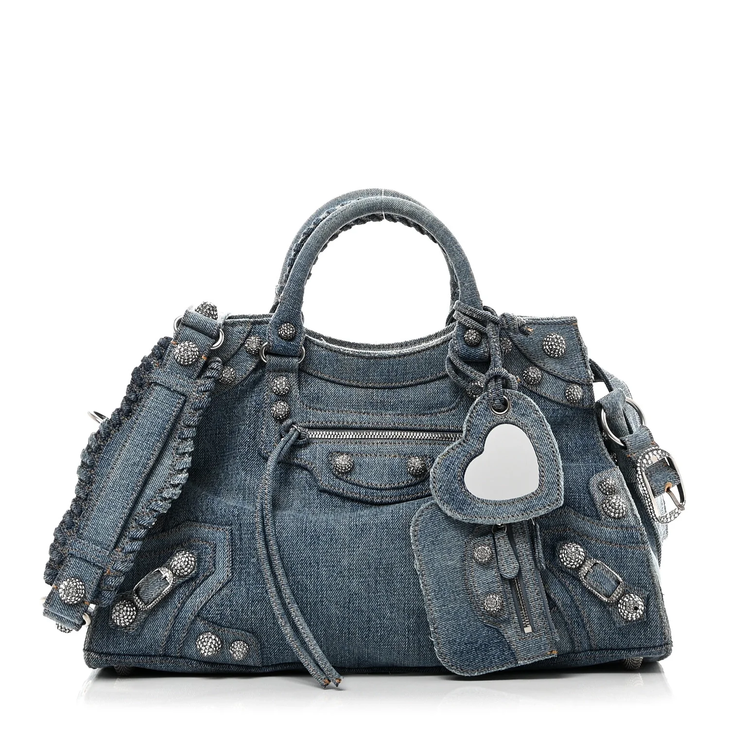 Balenciaga Washed Frayed Denim Crystal Neo Cagole City Handbag Blue - Image 2