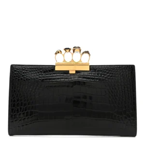 Alexander McQueen Calfskin Crocodile Embossed Knuckle Flat Clutch Black Gold