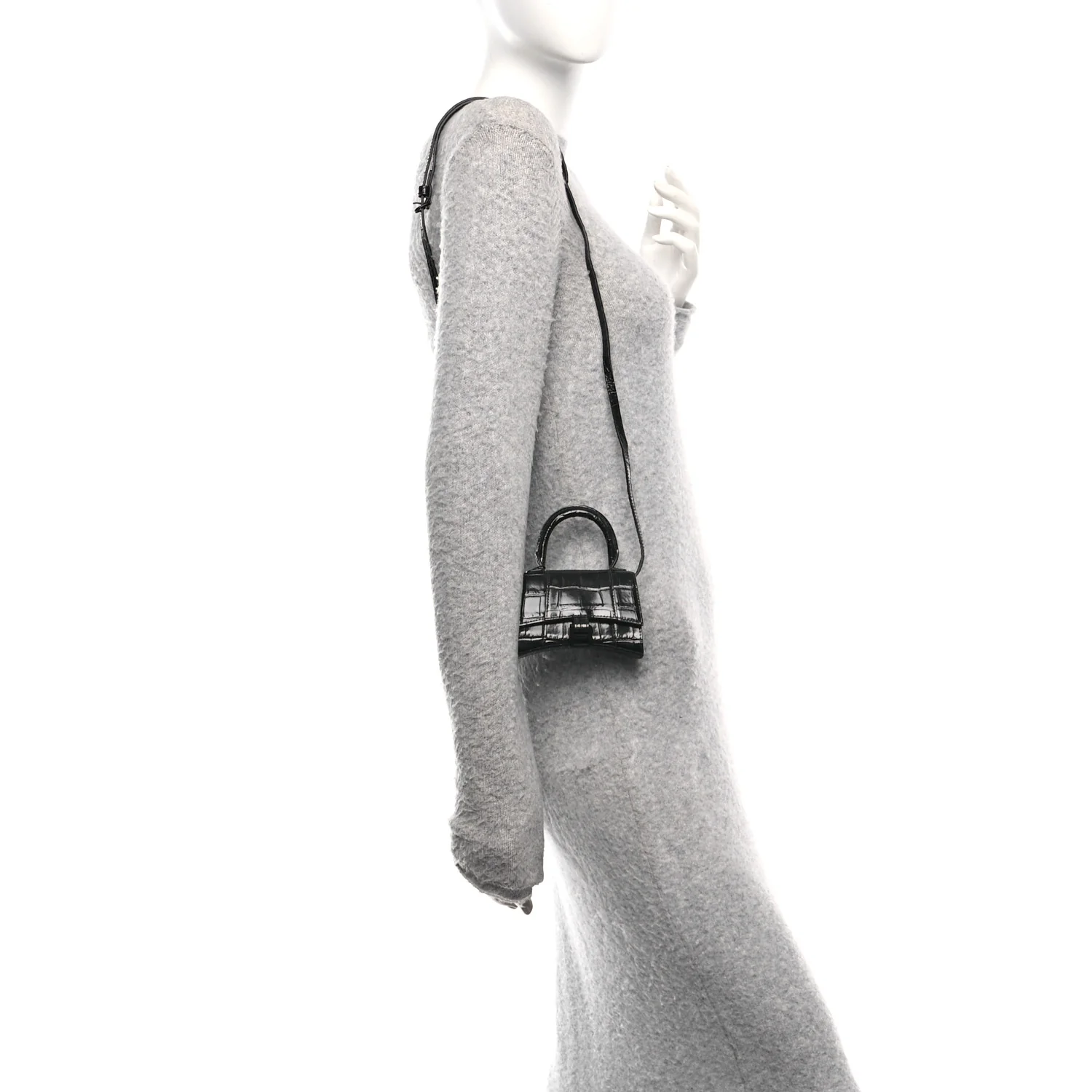 Balenciaga Shiny Calfskin Monochrome Crocodile Embossed Hourglass Top Handle Bag Mini Black - Image 2