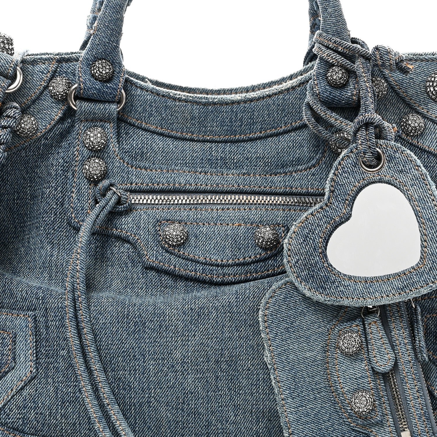 Balenciaga Washed Frayed Denim Crystal Neo Cagole City Handbag Blue - Image 9