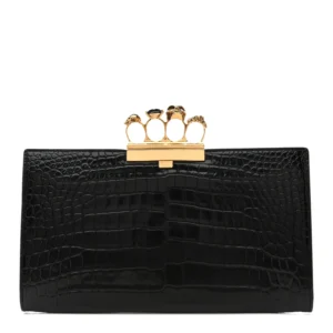 Alexander McQueen Calfskin Crocodile Embossed Knuckle Flat Clutch Black Gold