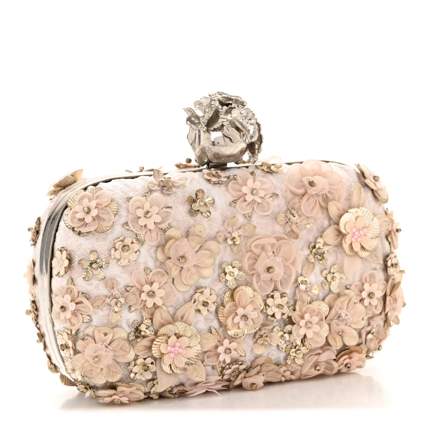 Alexander McQueen Flower Appliqued Silk Brocade Skull Box Clutch Light Pink - Image 2