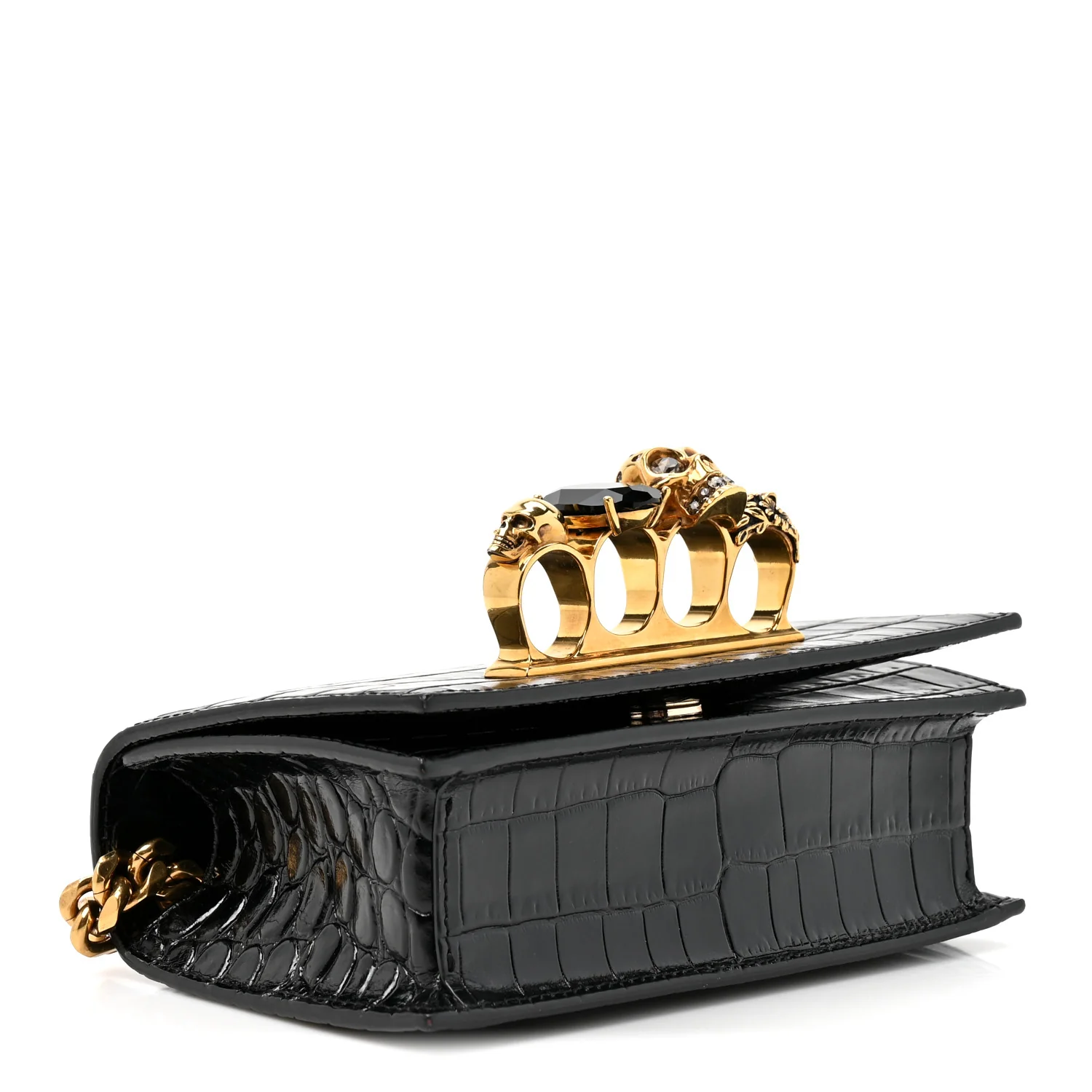 Alexander McQueen Shiny Crocodile Embossed Jeweled Satchel Black - Image 4