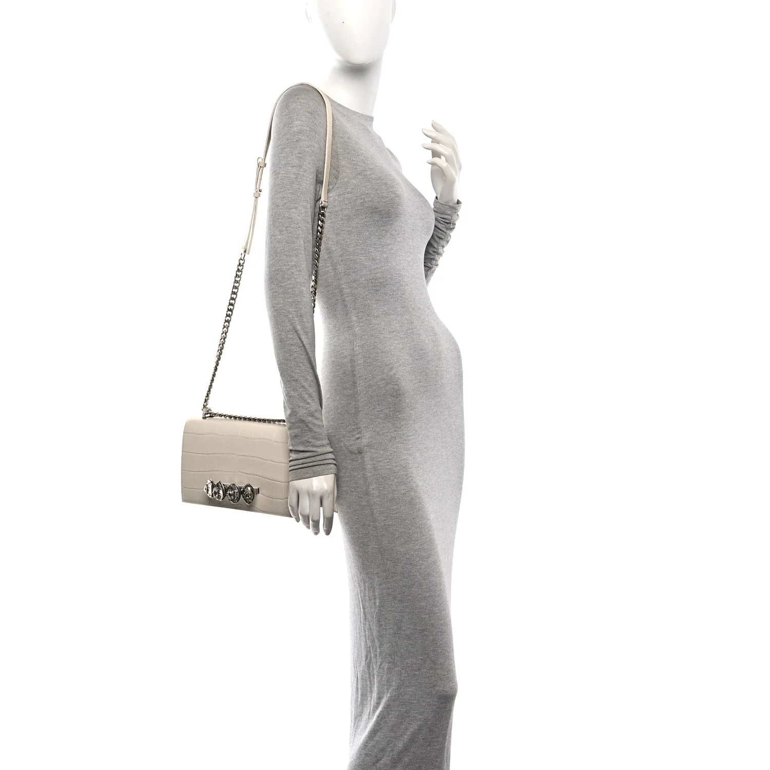 Alexander McQueen Shiny Calfskin Crocodile Embossed Knuckle Jeweled Crossbody White - Image 2