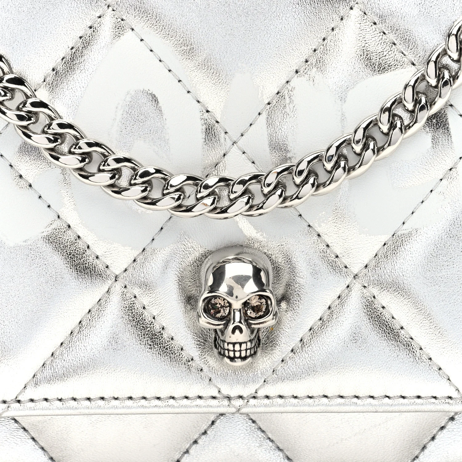 Alexander McQueen Metallic Calfskin Quilted Graffiti Skull Small Chain Crossbody Bag Silver - Image 7