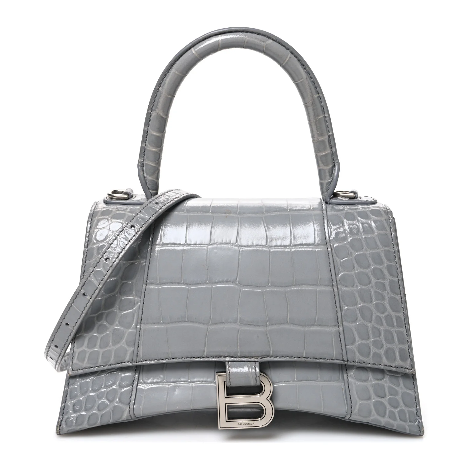 Balenciaga Shiny Calfskin Crocodile Embossed Small Hourglass Top Handle Bag Balenciaga Grey Balenciaga Grey