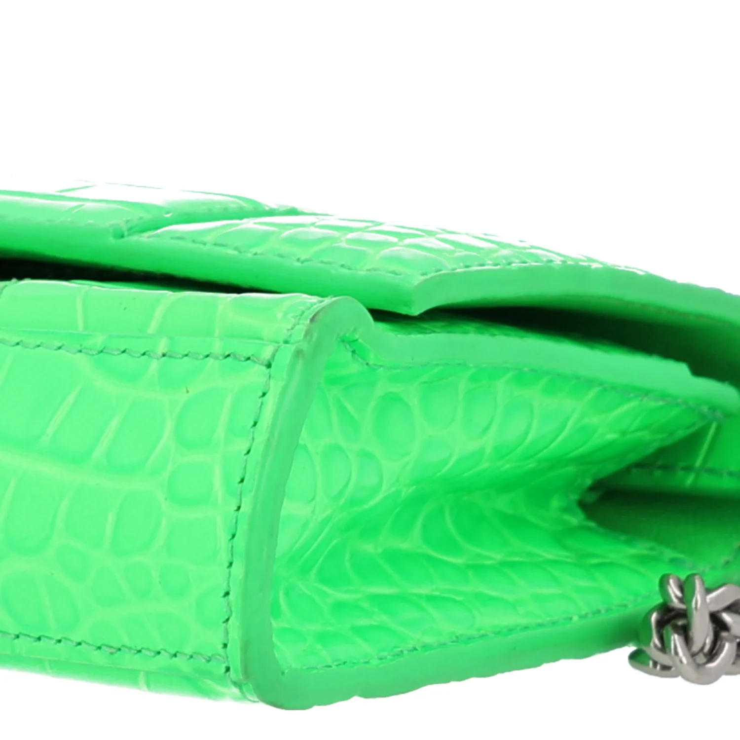 Balenciaga Shiny Calfskin Strass Crocodile Embossed Hourglass Chain Bag Fluo Green - Image 10