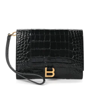 Balenciaga Shiny Calfskin Crocodile Embossed Hourglass Gusset Pouch Black