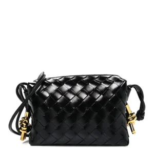 Bottega Veneta Polished Nappa Intrecciato Metallic Knot Mini Loop Camera Bag Black