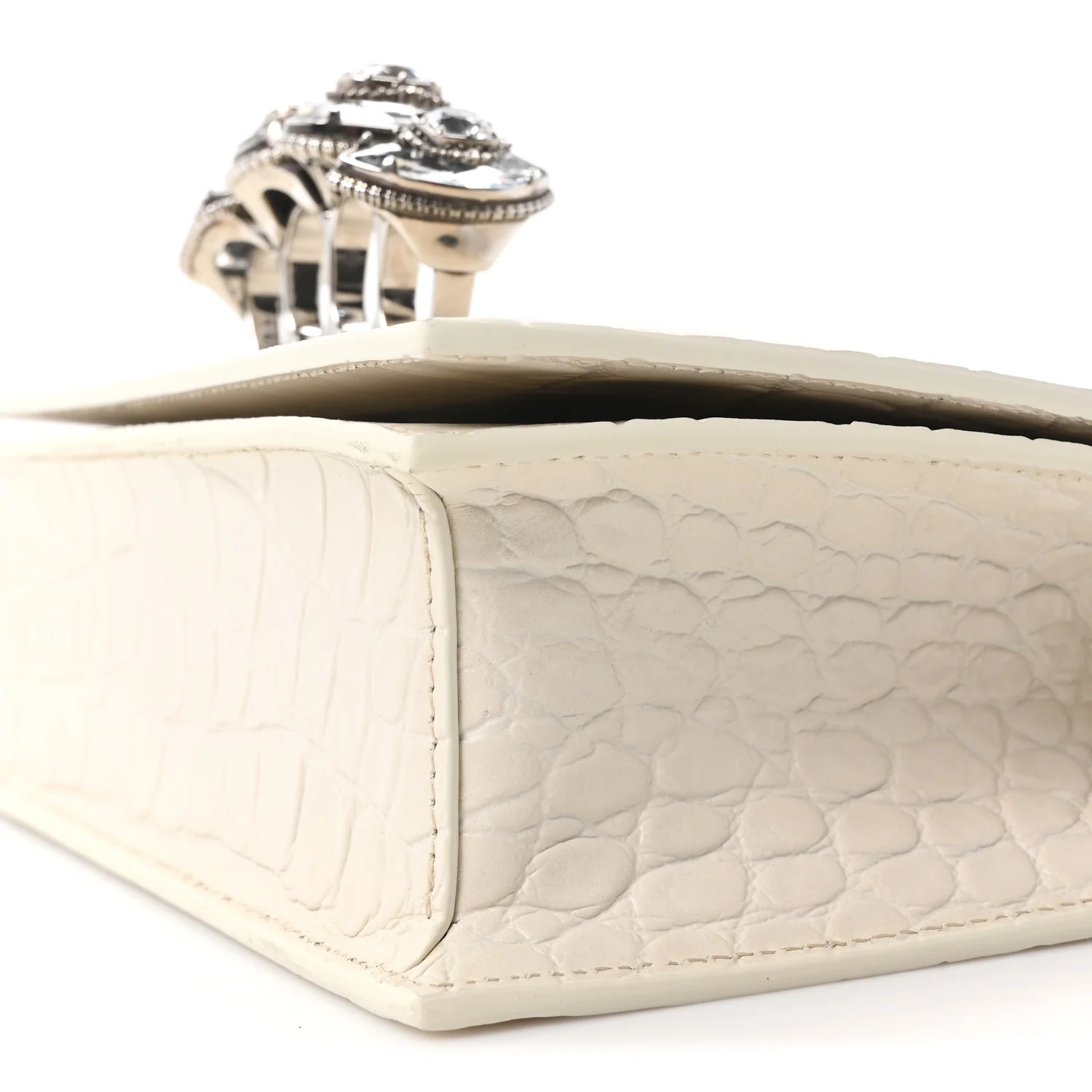 Alexander McQueen Shiny Calfskin Crocodile Embossed Knuckle Jeweled Crossbody White - Image 9