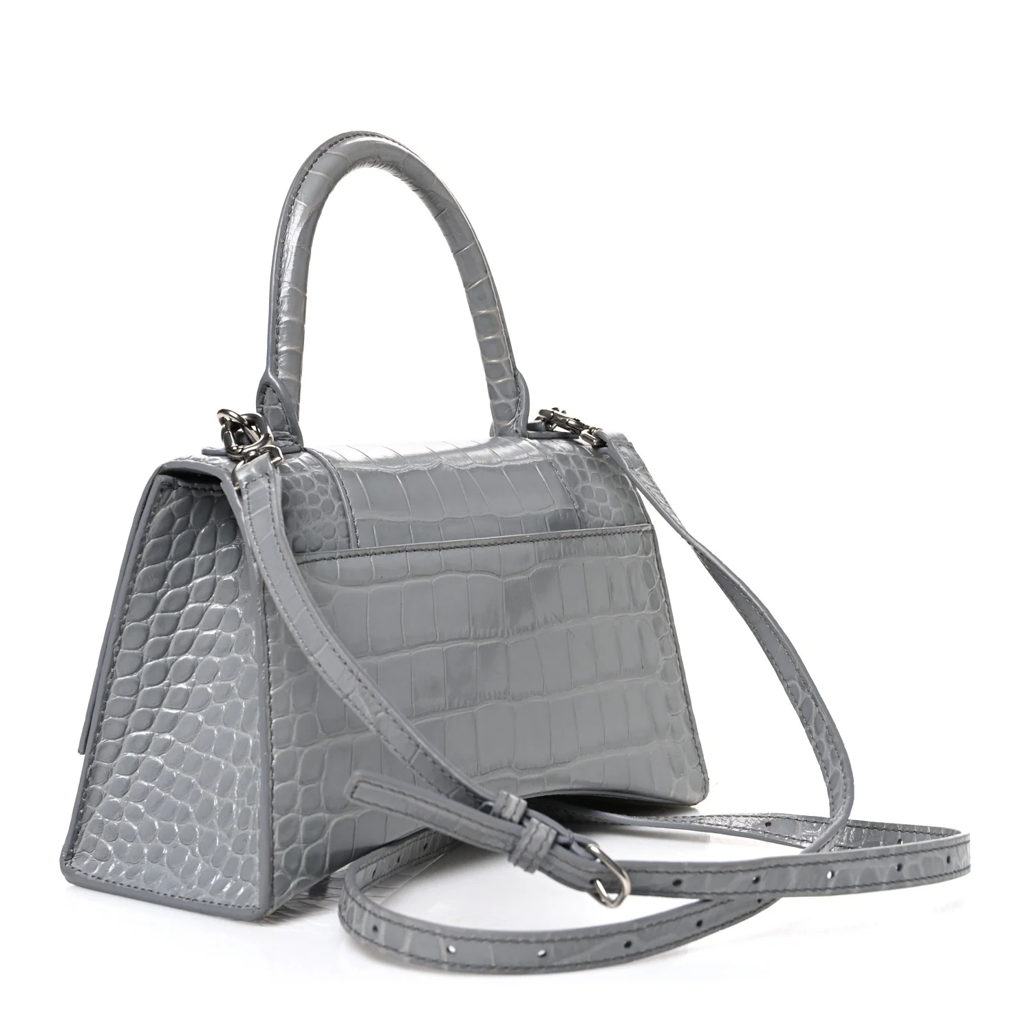 Balenciaga Shiny Calfskin Crocodile Embossed Small Hourglass Top Handle Bag Balenciaga Grey Balenciaga Grey - Image 3
