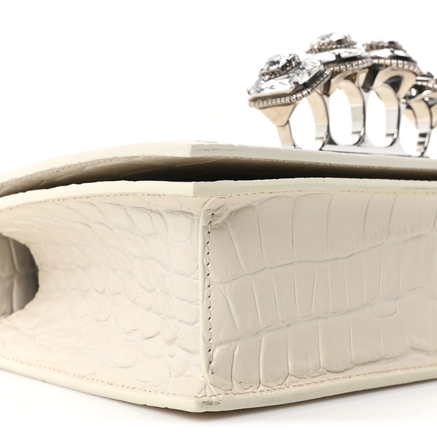 Alexander McQueen Shiny Calfskin Crocodile Embossed Knuckle Jeweled Crossbody White - Image 8