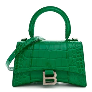 Balenciaga Shiny Calfskin Crocodile Embossed Hourglass Top Handle Bag XS Jade