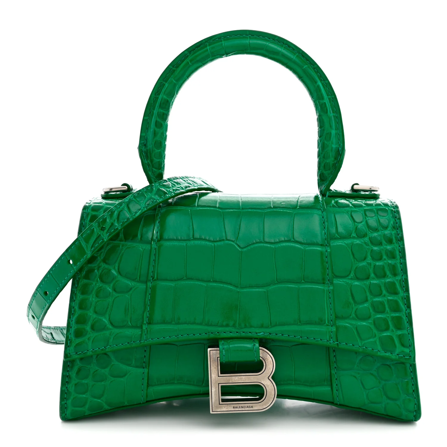 Balenciaga Shiny Calfskin Crocodile Embossed Hourglass Top Handle Bag XS Jade