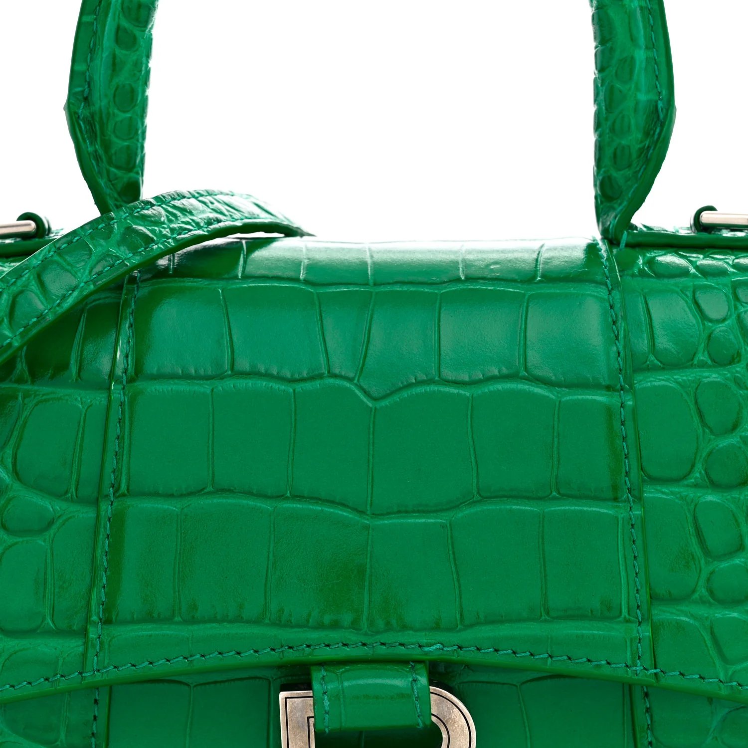 Balenciaga Shiny Calfskin Crocodile Embossed Hourglass Top Handle Bag XS Jade - Image 8
