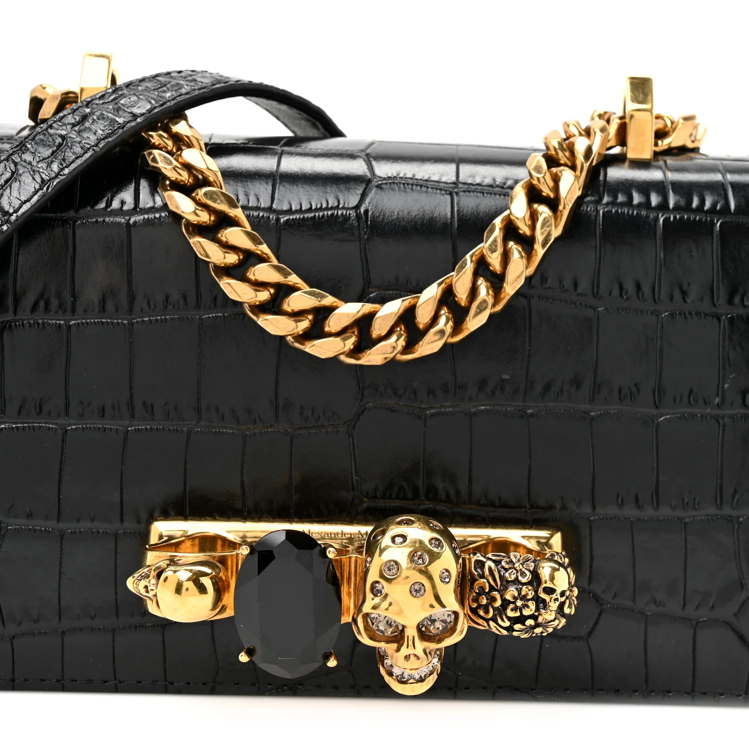 Alexander McQueen Shiny Crocodile Embossed Jeweled Satchel Black - Image 8